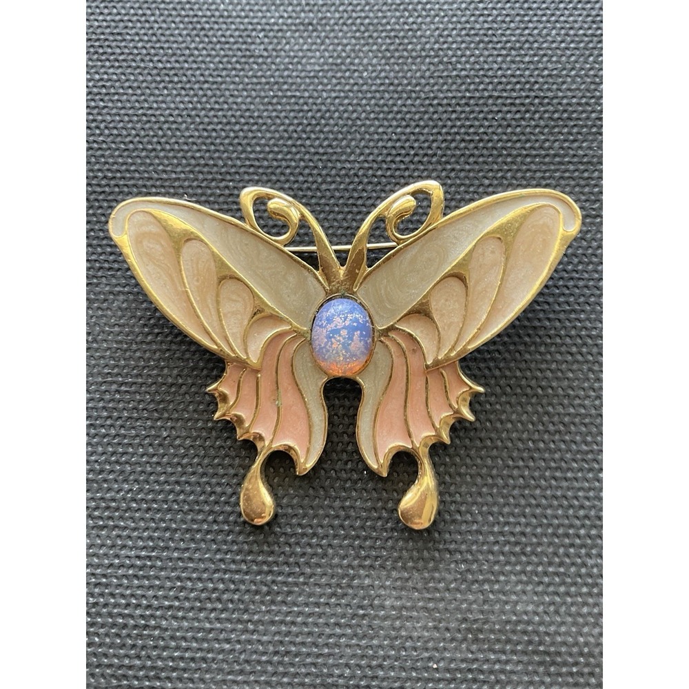 Vintage Enamel Butterfly Brooch Cabochon Center Stone Estate Jewelry